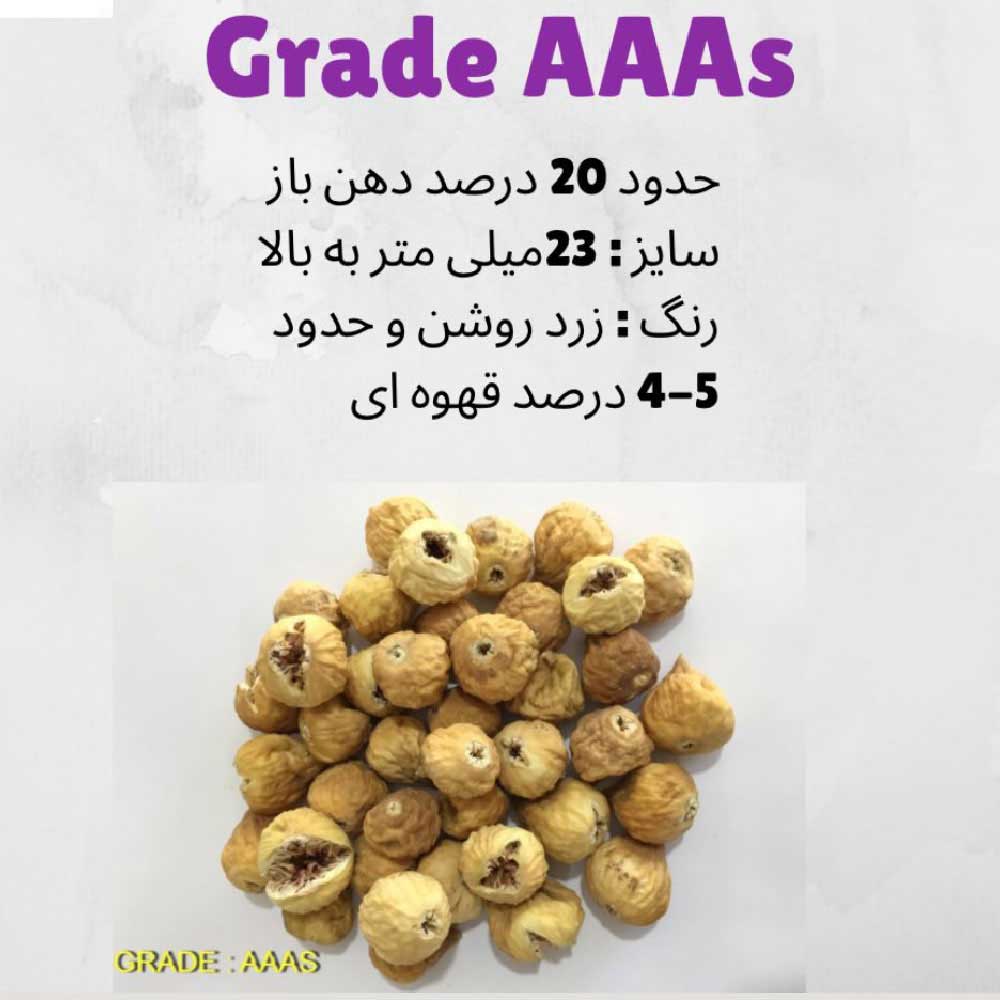 انجیر سایز درشت AAAs دستچین 9 کیلویی-ویژگی محصول: سایز: درشت رنگ : روشن بدون واسطه مناسب برای صادرات و پخش در ایران شیوه نگه داری در سردخانه یا جای خنک دور از نور و آفتاب یا درون ظروف سر بسته که هوایی داخل نرود. مناسب برای درمان یبوست و بیماری های گوارشی و مقوی استخوان و تقویت سیستم ایمنی کودکان منع ...
